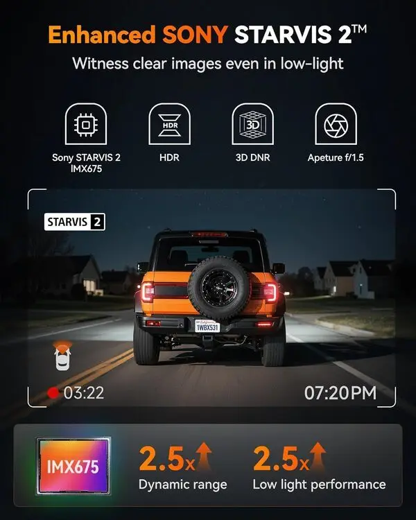 WOLFBOX dash cam marketing image showing wide-angle night vision clarity.