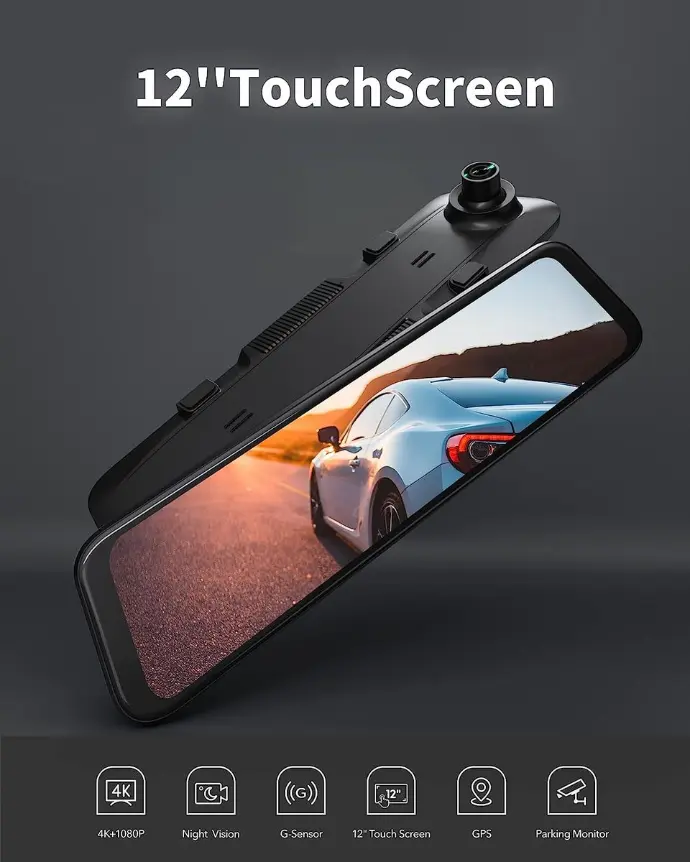 Touchscreen WOLFBOX mirror dash cam.