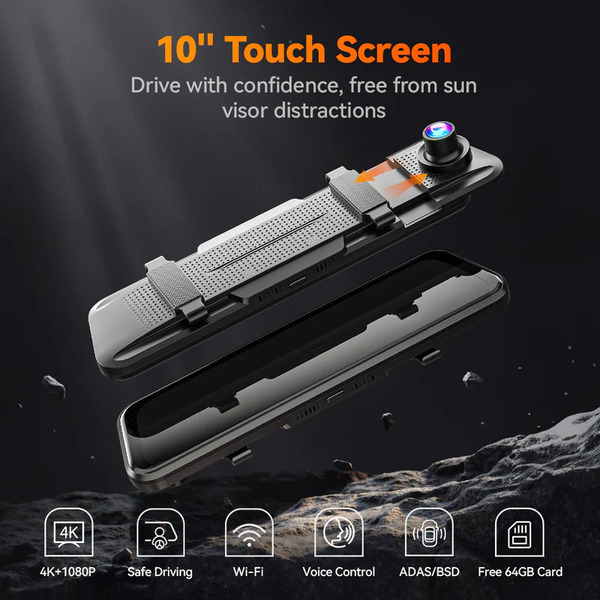 WOLFBOX M40 4K 10 Inch ADAS WiFi Touch Screen Mirror Dash Cam