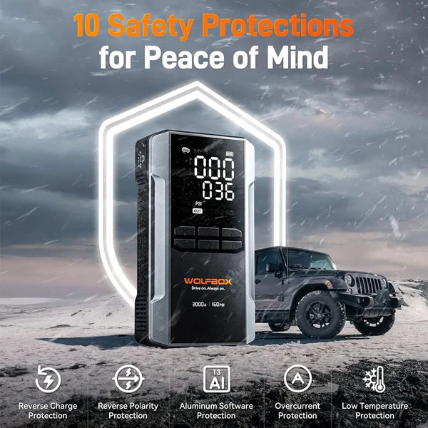 WOLFBOX MegaVolt16 Air 3000A Jump Starter with Air Compressor, USB Type-C  