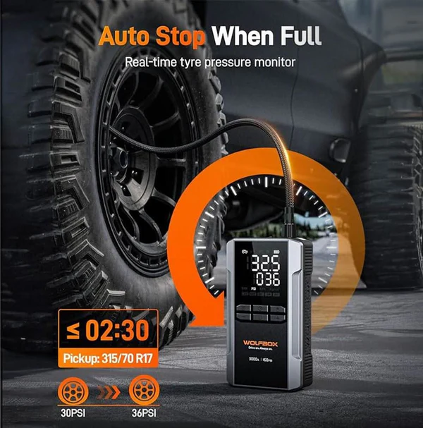 WOLFBOX MegaVolt16 Air 3000A Jump Starter with Air Compressor, USB Type-C  