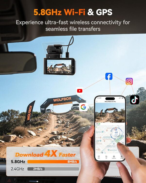WOLFBOX X3 PRO 2.5K 60FPS Dash Cam, Front, Rear, WiFi, GPS, 64GB, Starvis 2