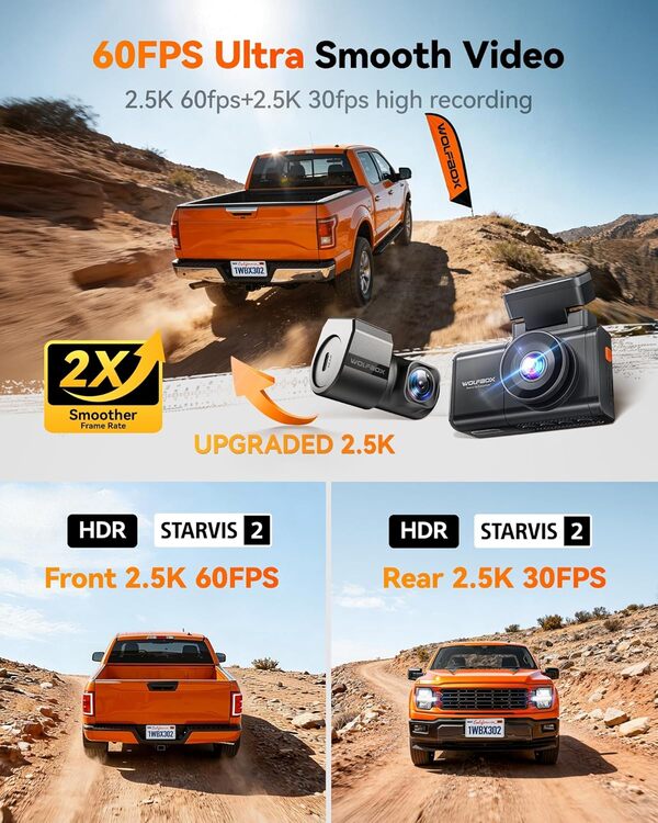 WOLFBOX X3 PRO 2.5K 60FPS Dash Cam, Front, Rear, WiFi, GPS, 64GB, Starvis 2