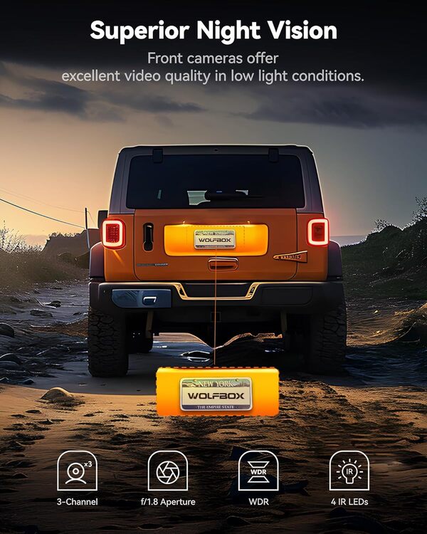 WOLFBOX i17 4K 3 Channel Dash Cam WiFi, GPS, 64GB Card and Night Vision