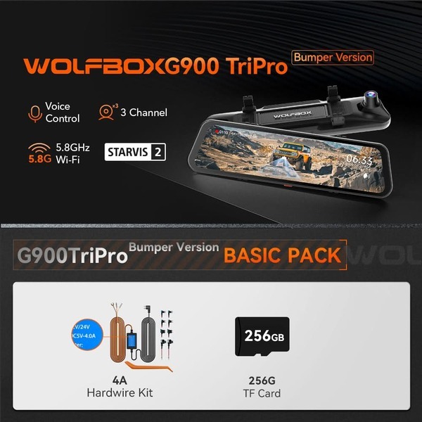 WOLFBOX G900 TriPro 3-Channel Mirror Dash Cam 4K Front, 2.5K Rear & Bumper