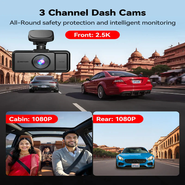 Redtiger A6 3Channel Dash Cam 2.5K Front + 1080P Rear + Cabin, Touchscreen