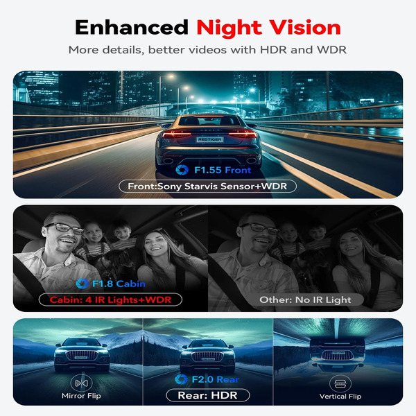 Redtiger F17 Elite 3-Channel Dash Cam - 4K Front, 1080P Inside & Rear