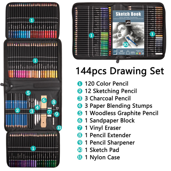 KALOUR 144 High Quality Color Pencil Set in Nylon Bag - Artist Tools