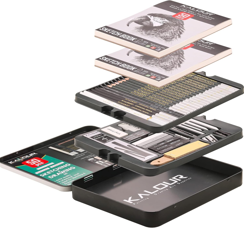 KALOUR 52-Pack Sketch Drawing Pencils Kit with Two Sketchbooks and Tin Box