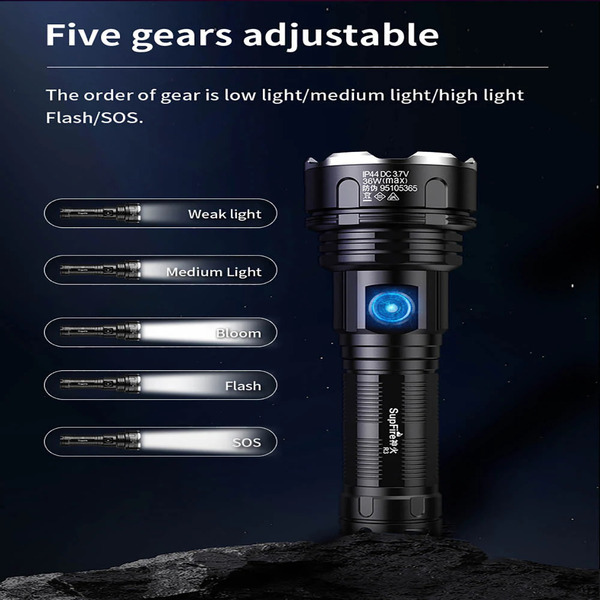 SUPERFIRE R3 Rechargeable LED Flashlight - 2700 Lumens, 36W, 5 Light Modes