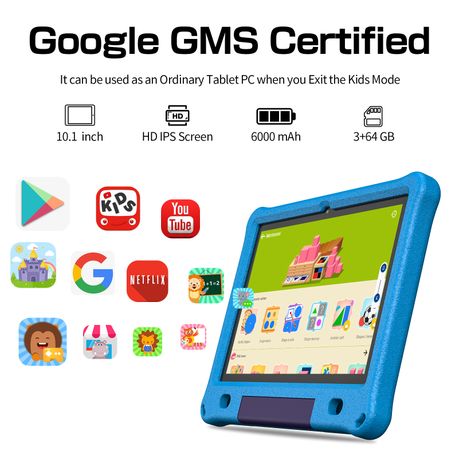 PRITOM Learning Kids Tablet 10.1" HD - 3GB RAM, 64GB Storage, WiFi - Blue