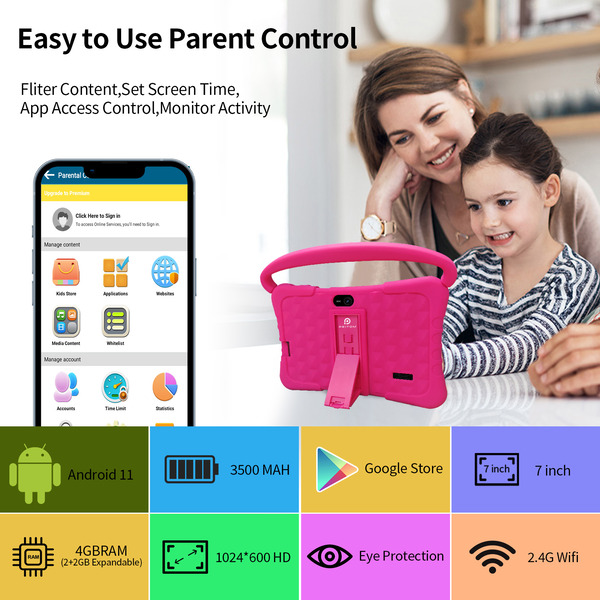 PRITOM Kids Smart Tablet 7" WiFi | 2GB RAM, 32GB Storage, Parental Controls - Pink