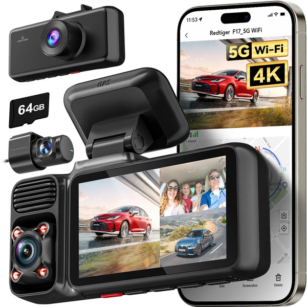 Redtiger F17 Elite 3-Channel Dash Cam - 4K Front, 1080P Inside & Rear