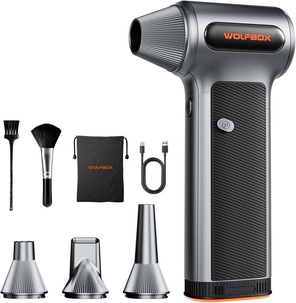 WOLFBOX MF200 Air Duster, 3-Speed Turbo Airflow, 6000mAh, 4 Nozzles & USB-C