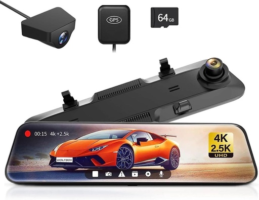 [5505] Wolfbox G900 4K Front 2.5K Rear Mirror Dash Cam with 12'' TouchscreenGPS