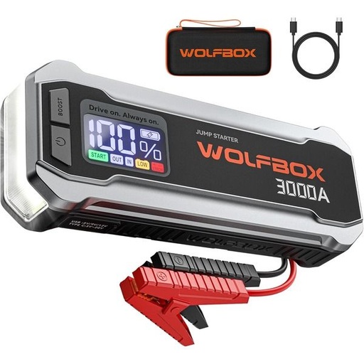 [6254] Wolfbox 3000A Jump Starter - 12V Car Battery Jump Starter, 65W Quick Charge
