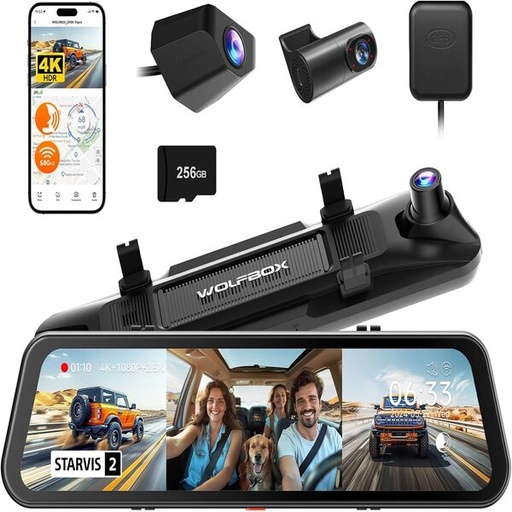 [6986] WOLFBOX G900 TriPro 3-Channel Mirror Dash Cam 4K Front, 2.5K Rear & Bumper