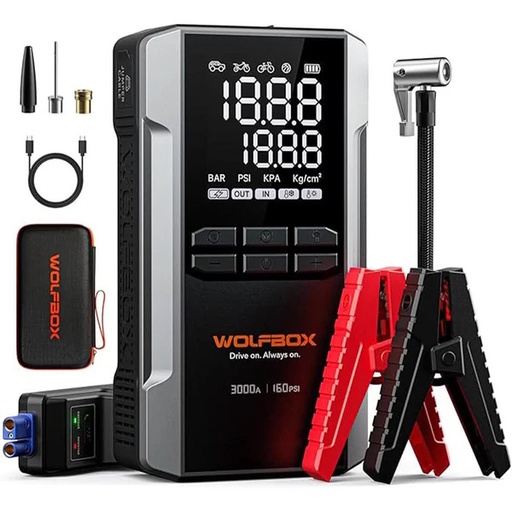 [7529] WOLFBOX MegaVolt16 Air 3000A Jump Starter with Air Compressor, USB Type-C  